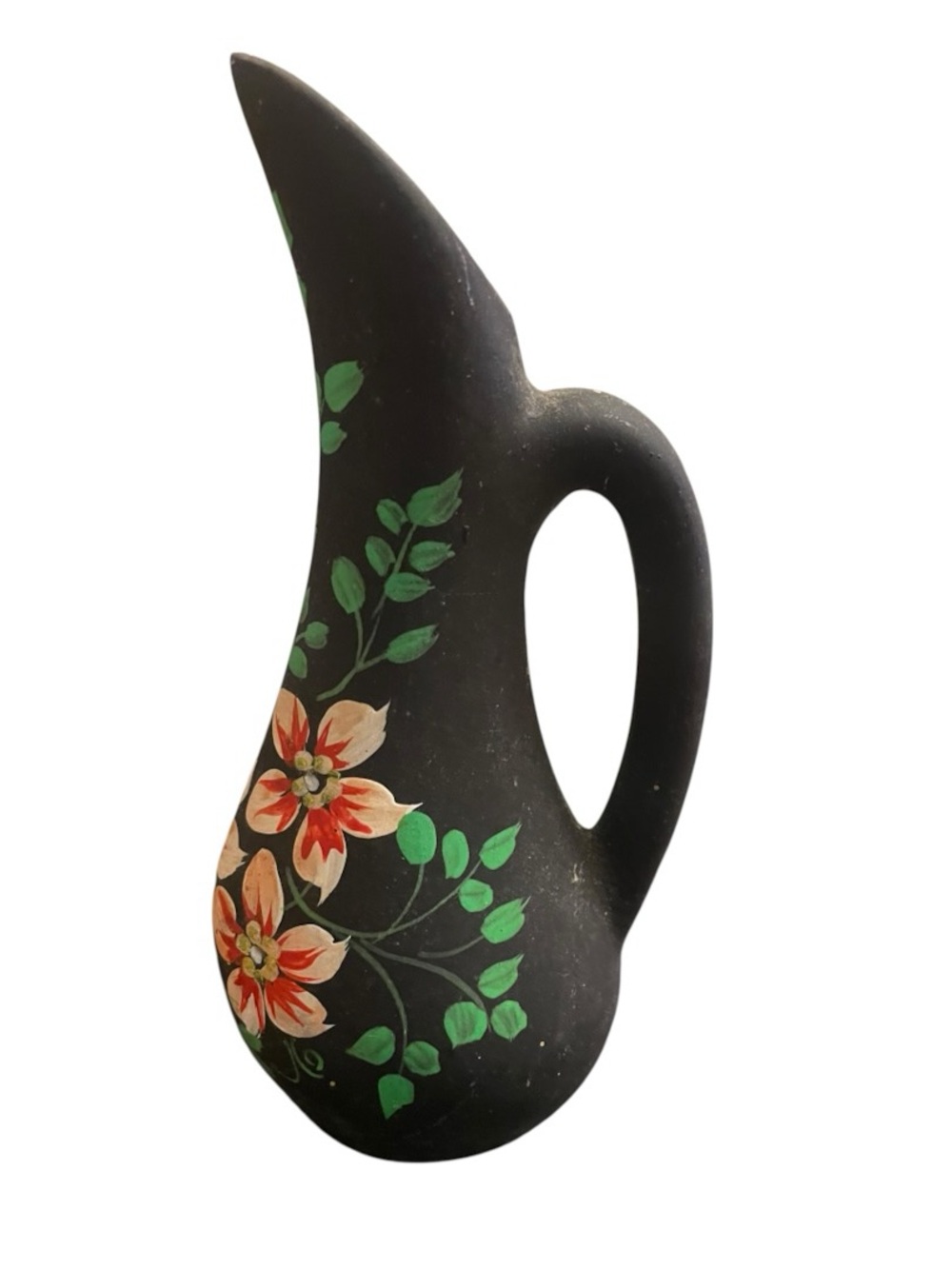 Vintage Hand-Painted Black Floral Pitcher Vase - Decorative Home Art - 7”